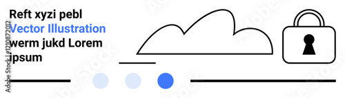Cloud icon, padlock, abstract texts, and dots in various colors. Ideal for technology, data protection, cybersecurity, IT solutions, cloud services online privacy and digital information security