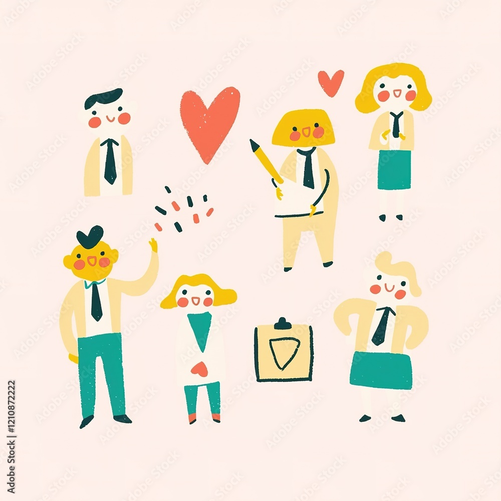 A colorful illustration featuring cheerful, cartoonish characters in business attire, expressing positivity and teamwork with hearts and a clipboard. A colorful illustration featuring cheerful, cartoonish characters in business attire, expressing positivity and teamwork with hearts and a clipboard.