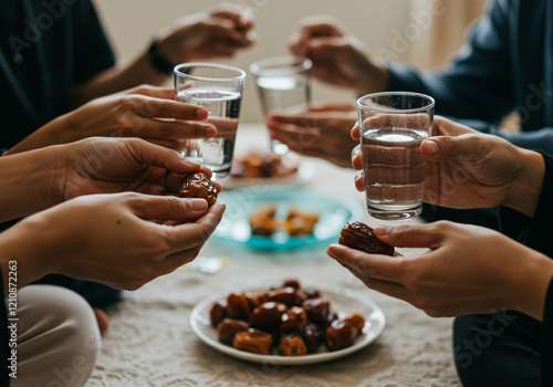 Close-up of Diverse Snacks and Drinks for Iftar, Featuring Classic Indonesian Flavors and Textures photo