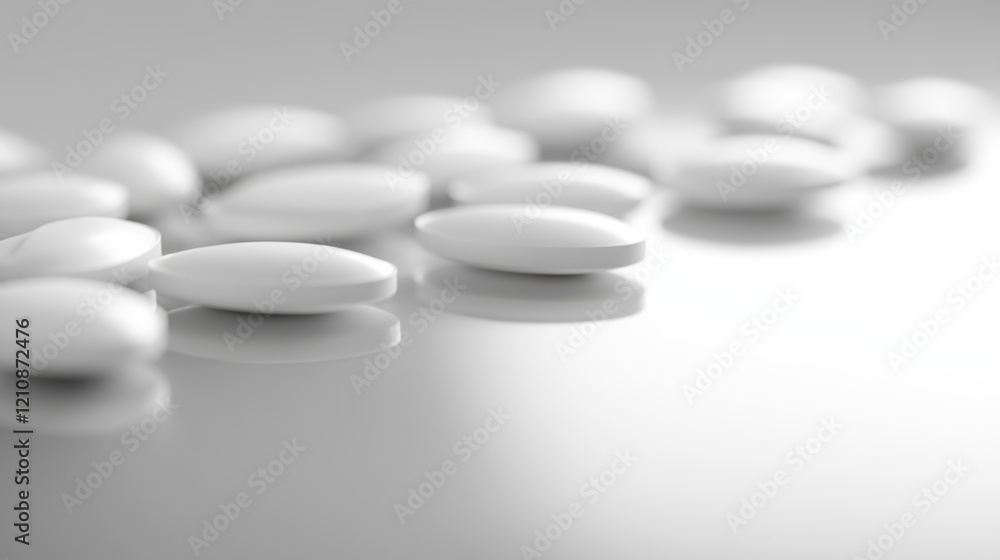 White Oval Tablets on Reflective Surface with Gray Background White Oval Tablets on Reflective Surface with Gray Background
