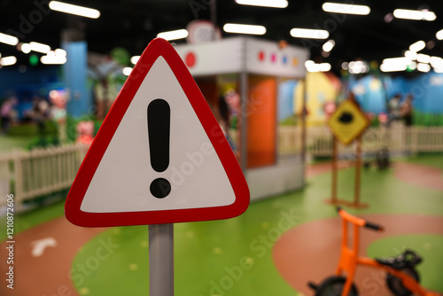 A red-bordered triangular traffic safety sign displays an alert symbol in a vibrant indoor play area, emphasizing education and safety awareness for children.