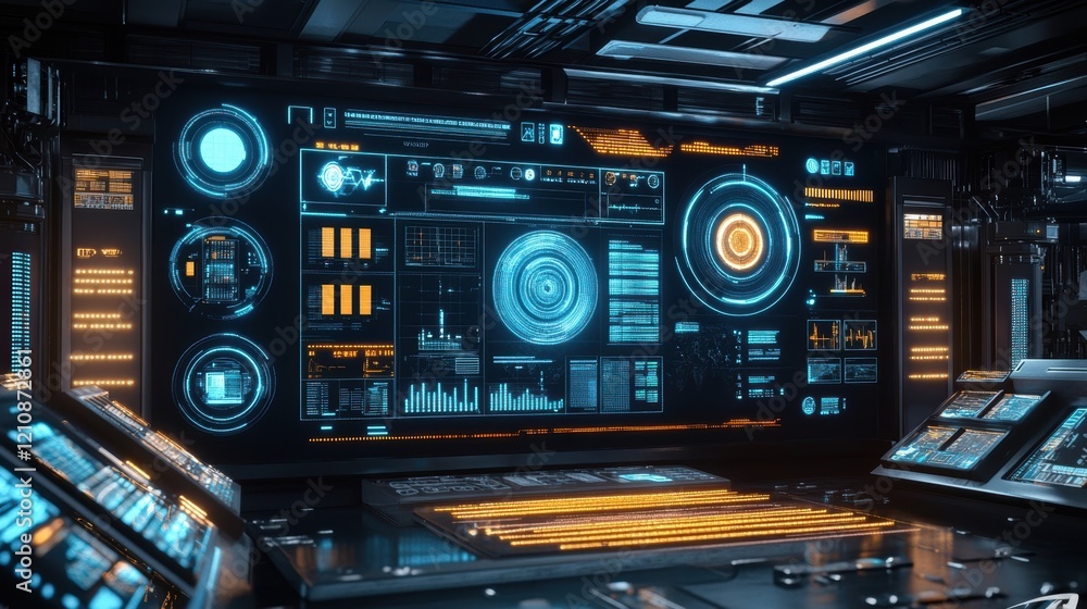 Naklejka premium Futuristic control room with glowing screens displaying complex data analysis and system information, representing advanced technology and monitoring capabilities