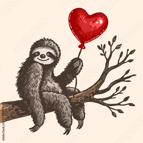 adorable sloth holding a heart balloon on a tree branch, cute Valentine's Day illustration, vintage sketch