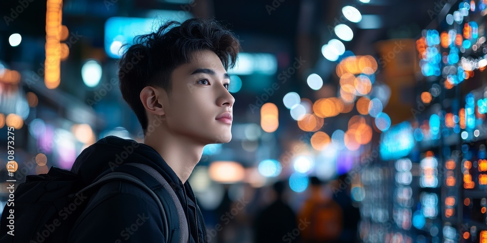 Young man gazing thoughtfully at illuminated displays in a vibrant city street during the evening hours Young man gazing thoughtfully at illuminated displays in a vibrant city street during the evening hours