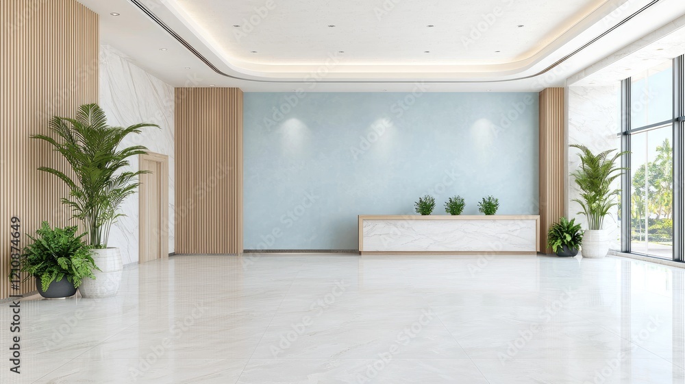 Fototapeta premium Modern empty office reception lobby features a white desk, green potted plants, and bright natural light.