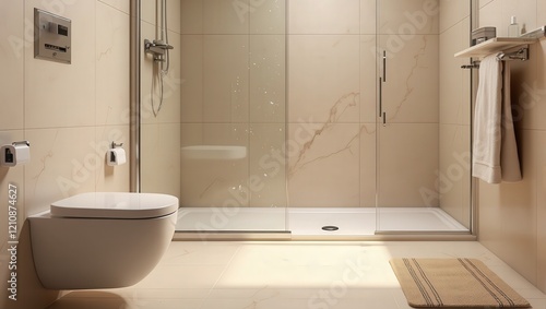 A pristine white porcelain toilet sits elegantly against a warm beige tile backdrop, adjacent to an inviting walk-in shower. Eye-level intimacy captures every detail, with the open seat inviting inter photo