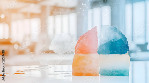 Colorful ice blocks sublimating on a white surface in a bright room. photo