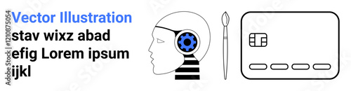 Head with gear brain, brush, and computer tablet. Ideal for technology, creativity, innovation, human-machine interaction, digital art design education. Landing page