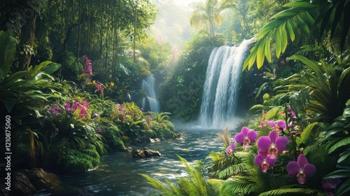 Lush jungle with a waterfall cascading into a serene pool surrounded by greenery. photo