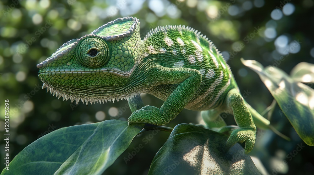 Obraz premium Green chameleon perched on leaf in natural habitat with blurred bokeh background nature