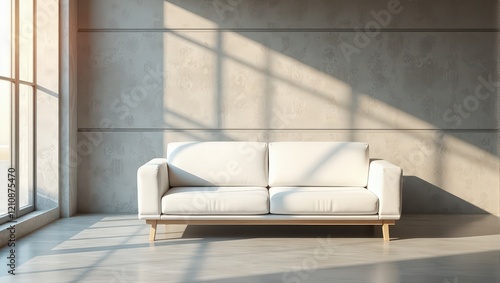 A pristine white leather couch fronts a textured gray cement wall adorned with subtle gray florals, elegantly oriented to the right photo