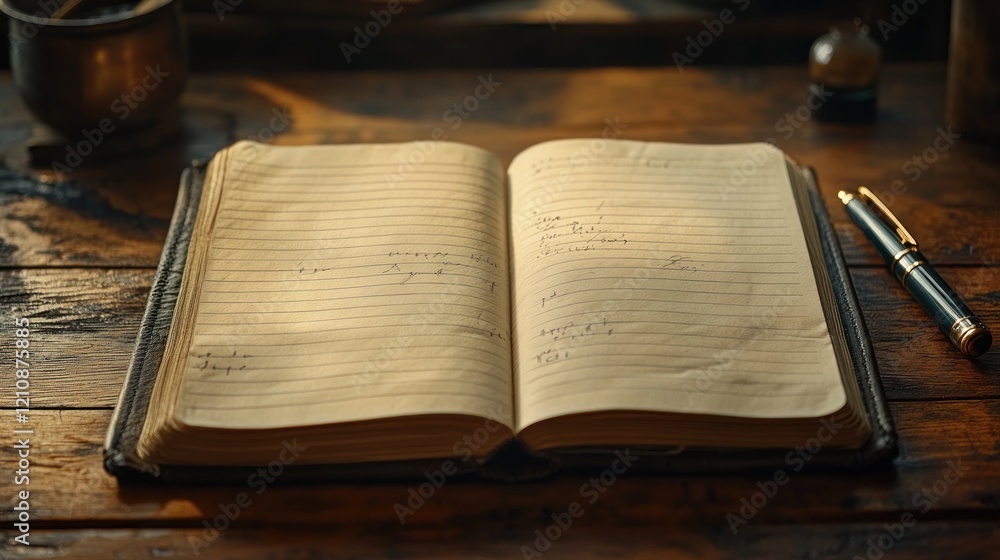 Fototapeta premium Open notebook with handwritten notes on a wooden table, warm lighting, vintage pen and ink bottle nearby