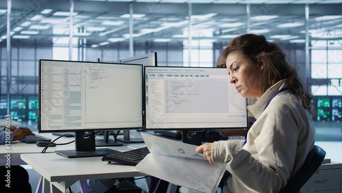 Employee overseeing server room, reading documentation paperwork, troubleshooting hardware. Supervisor doing inspection in server hub, reading technical files at computer desk, camera B