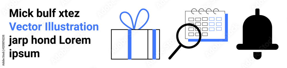 Gift box, calendar with magnifying glass, and notification bell. Ideal for event planning, reminders, notifications, gift services, research scheduling organization and productivity. Landing page Gift box, calendar with magnifying glass, and notification bell. Ideal for event planning, reminders, notifications, gift services, research scheduling organization and productivity. Landing page