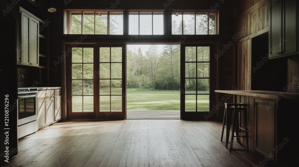 Obraz premium Rustic kitchen with large windows and sliding doors opening to a green lawn.