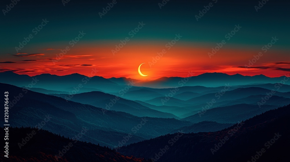 Obraz premium Sunset crescent moon over layered mountains