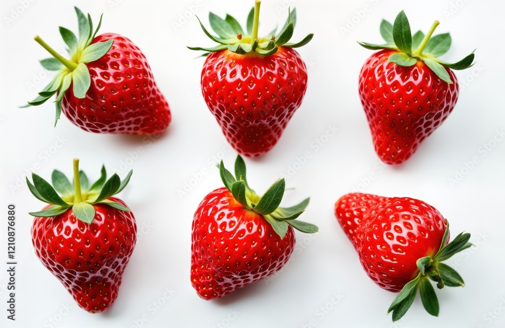 Six ripe strawberries arranged attractively on plain white surface. Fresh produce with vibrant red colour, perfect for summery snack. Perfect for use in food marketing catering. Healthy, delicious Six ripe strawberries arranged attractively on plain white surface. Fresh produce with vibrant red colour, perfect for summery snack. Perfect for use in food marketing catering. Healthy, delicious