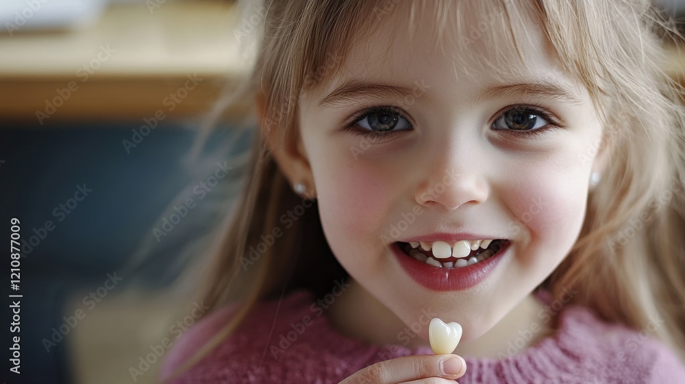 Small girl showing lost baby tooth indoors in classroom, looking at camera. Small girl showing lost baby tooth indoors in classroom, looking at camera.