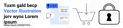 Shopping cart, speech bubbles, lock with keyhole, binary code on document, question mark, text. Ideal for online shopping, cybersecurity, communication programming tech support digital marketing