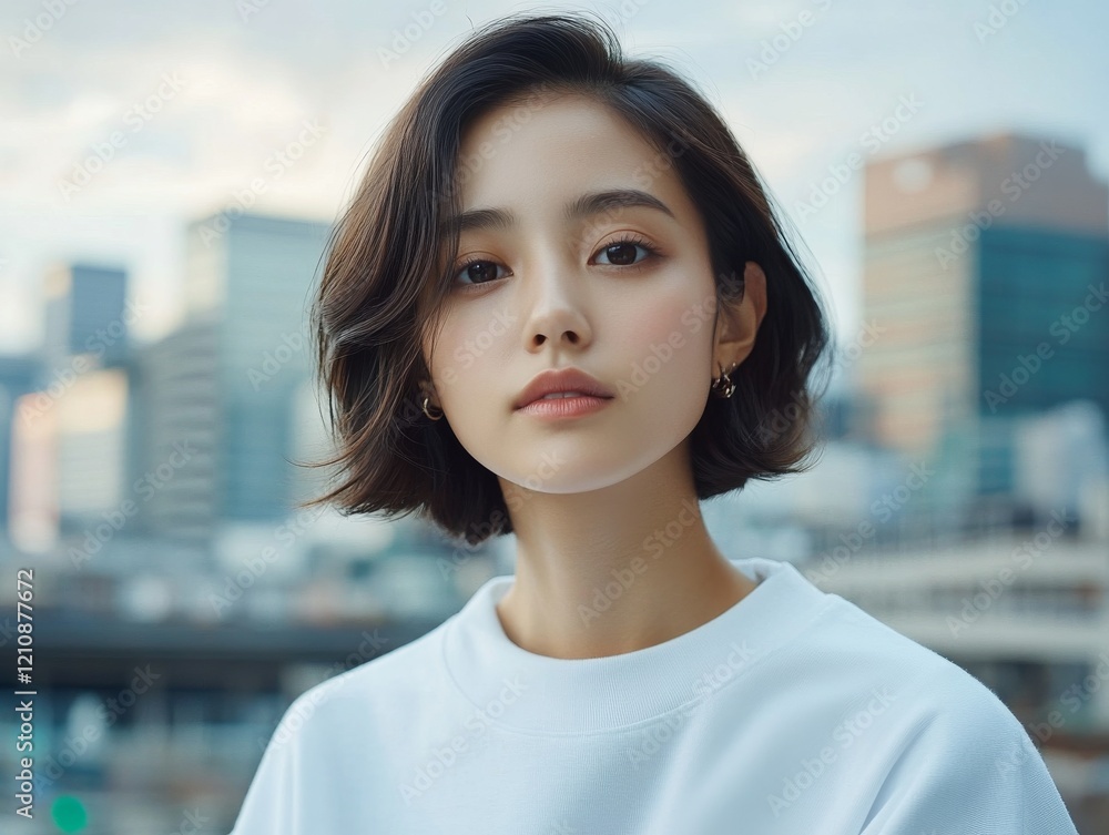 Young woman poses in urban setting showcasing her natural beauty during golden hour with city skyline backdrop Young woman poses in urban setting showcasing her natural beauty during golden hour with city skyline backdrop