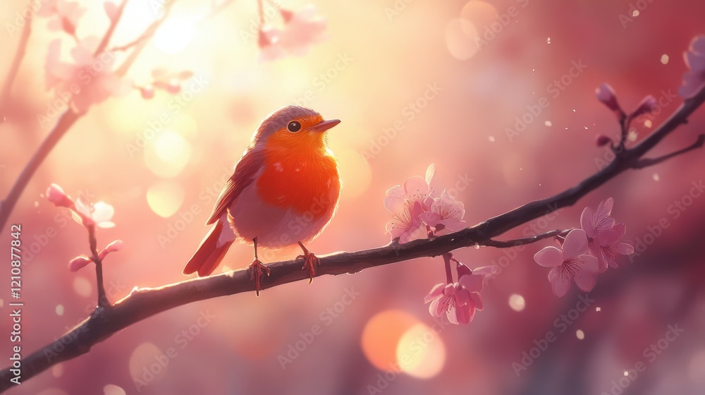 Small bird perched on a blossoming branch at sunset, glowing bokeh in the background. Small bird perched on a blossoming branch at sunset, glowing bokeh in the background.