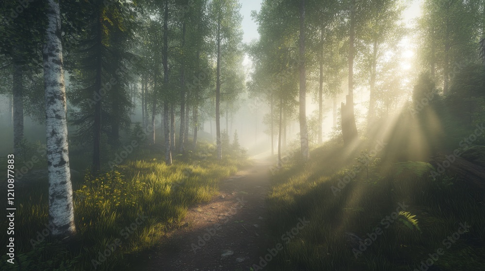 Tranquil Morning in a Mystical Forest Surrounded by Lush Greenery, Sunlight Filtering Through the Fog Creating a Dreamlike Atmosphere of Serenity and Nature Tranquil Morning in a Mystical Forest Surrounded by Lush Greenery, Sunlight Filtering Through the Fog Creating a Dreamlike Atmosphere of Serenity and Nature