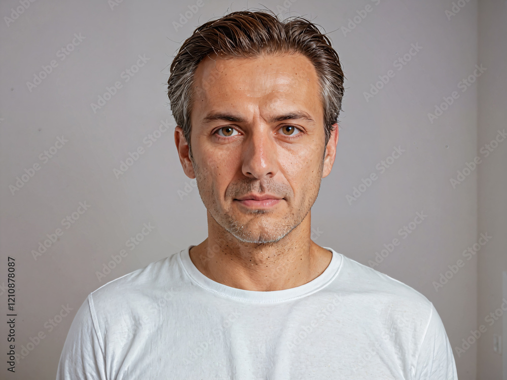 Obraz premium Retrato de un hombre blanco en el interior de una habitación vistiendo una camiseta blanca casual 