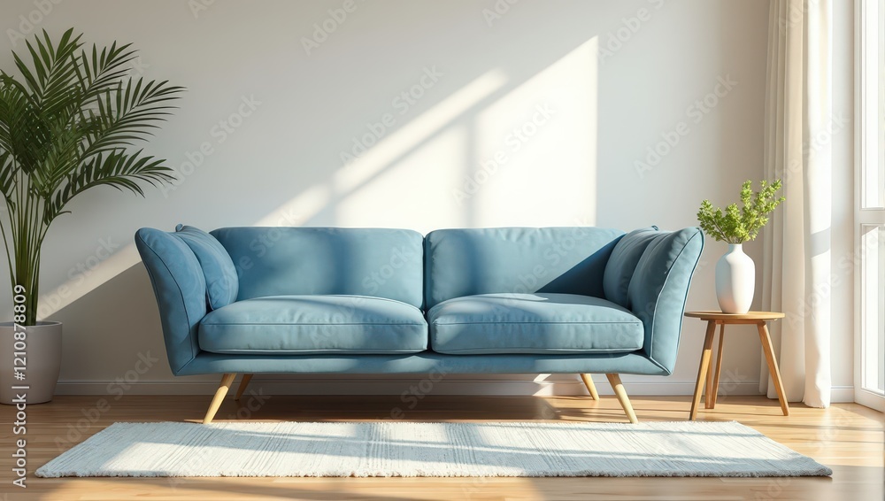 A chic, light blue couch elegantly faces right, perched on a warm, light brown wooden floor. A serene white and light blue rug adorns the space before it A chic, light blue couch elegantly faces right, perched on a warm, light brown wooden floor. A serene white and light blue rug adorns the space before it