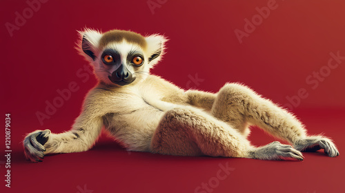 A light lime lemur lounging: photo-realistic on plain crimson background. Crimson Plains. Illustration photo