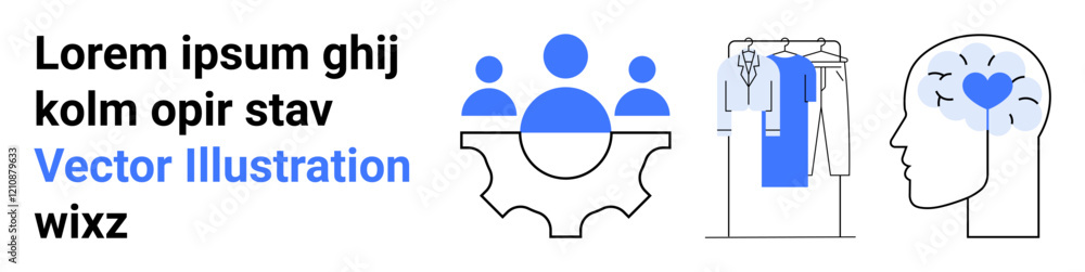 Team collaboration icon over gear, wardrobe with clothes on hangers, human head with heart representing mental well-being. Ideal for teamwork, productivity, organization, mental health, fashion