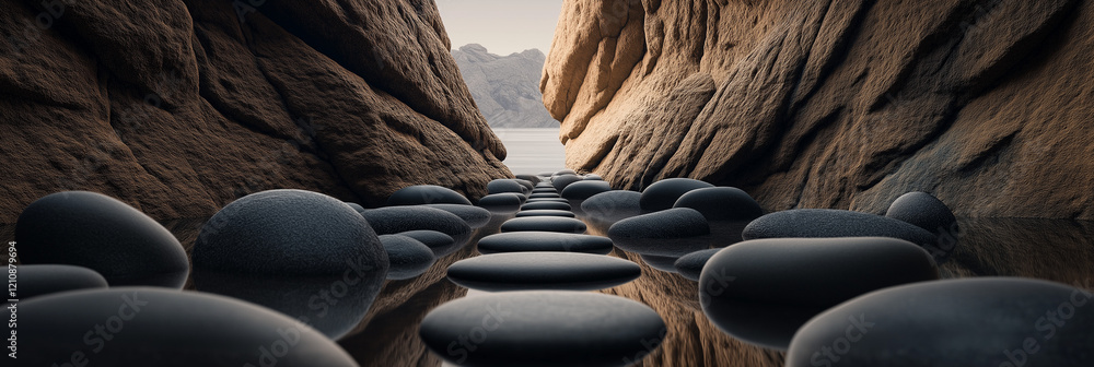 Fototapeta premium Tranquil stone path leading to calm water between rocks.