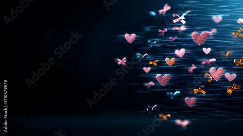 Colorful hearts and butterflies in motion against a dark background, creating a whimsical atmosphere photo