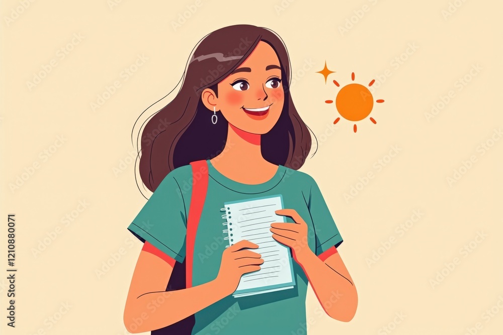 Cheerful young woman holding a notebook under a bright sun while smiling, representing creativity, education, and joy in a vibrant illustration concept. Cheerful young woman holding a notebook under a bright sun while smiling, representing creativity, education, and joy in a vibrant illustration concept.