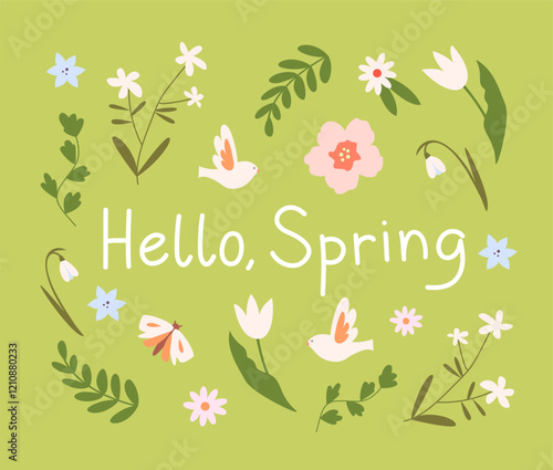 Spring card with elements of flowers, plants, birds, butterflies