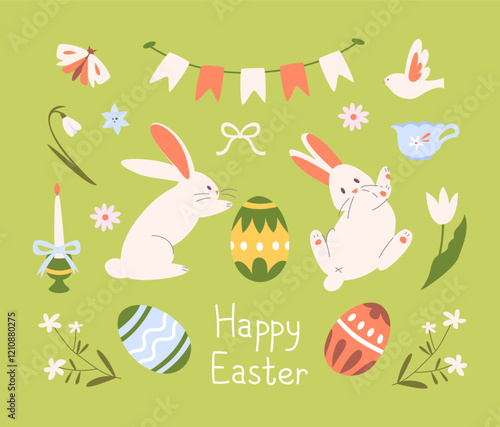 Easter card with rabbits, painted eggs, flowers, flags. Easter elements