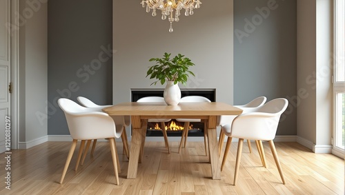 Close-up of a cozy wooden square table surrounded by six elegant white chairs, adorned with a verdant plant in a pristine vase at its heart; framed against a muted backdrop photo