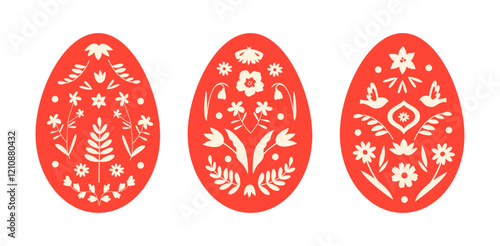 Set of eggs for Easter in folk style. Vector flat design. Floral ornament