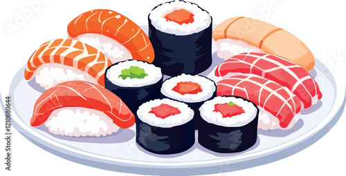 Delicious sushi assortment displayed on plate, vibrant japanese cuisine