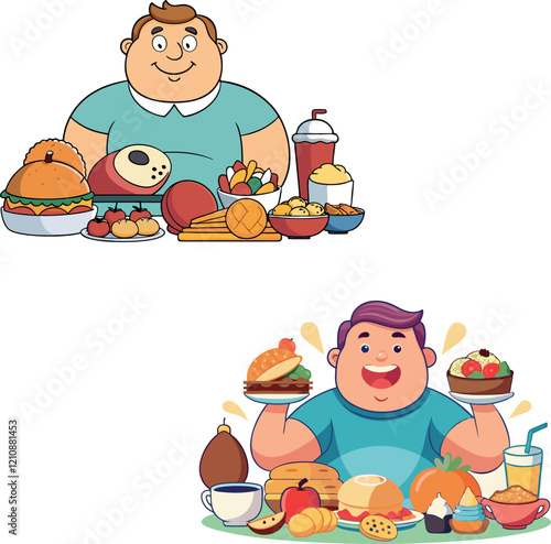 Overweight men enjoying eating many unhealthy foods