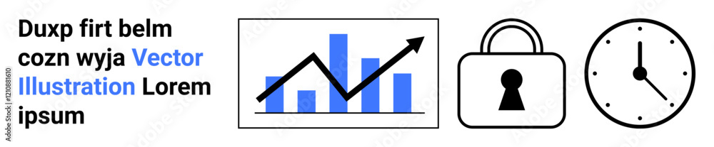 Bar graph showing growth with upward arrow, security lock, and clock face symbolizing data analysis, security, and time management. Ideal for analytics, fintech, deadlines, productivity Bar graph showing growth with upward arrow, security lock, and clock face symbolizing data analysis, security, and time management. Ideal for analytics, fintech, deadlines, productivity
