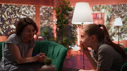 Teenage girl discussing her mental health in a counseling session, dealing with hormonal shifts and internal frustration. Psychotherapist helps her tackle depression and self esteem issues. Camera B. photo