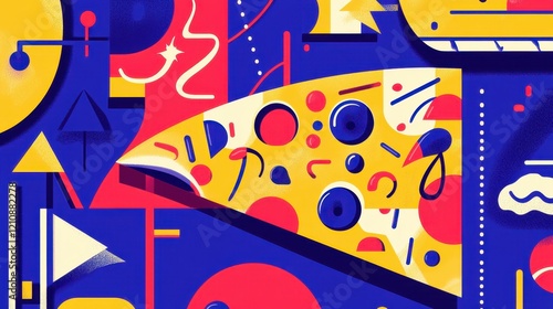 Abstract vibrant illustration of a pizza slice surrounded by playful geometric patterns.