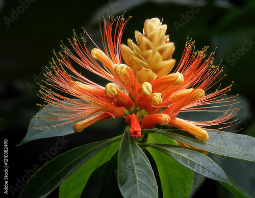 A striking orange and yellow Ashoka flower displays its exotic spiky petals and long stamens against dark green leaves.