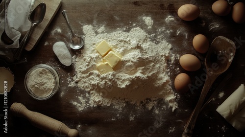 Rustic kitchen scene with flour, eggs, and butter on a wooden surface ready for baking preparation. photo