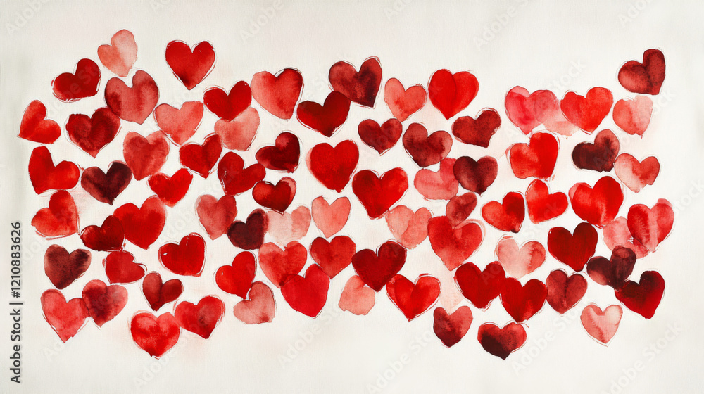 simple watercolor background, many red hearts flying into the distance are painted on a white sheet of paper. Letter for Valentine's Day simple watercolor background, many red hearts flying into the distance are painted on a white sheet of paper. Letter for Valentine's Day