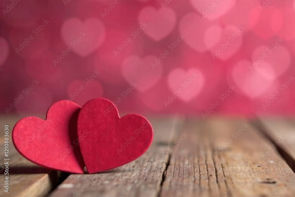 Obraz premium two pink hearts stand on a wooden background