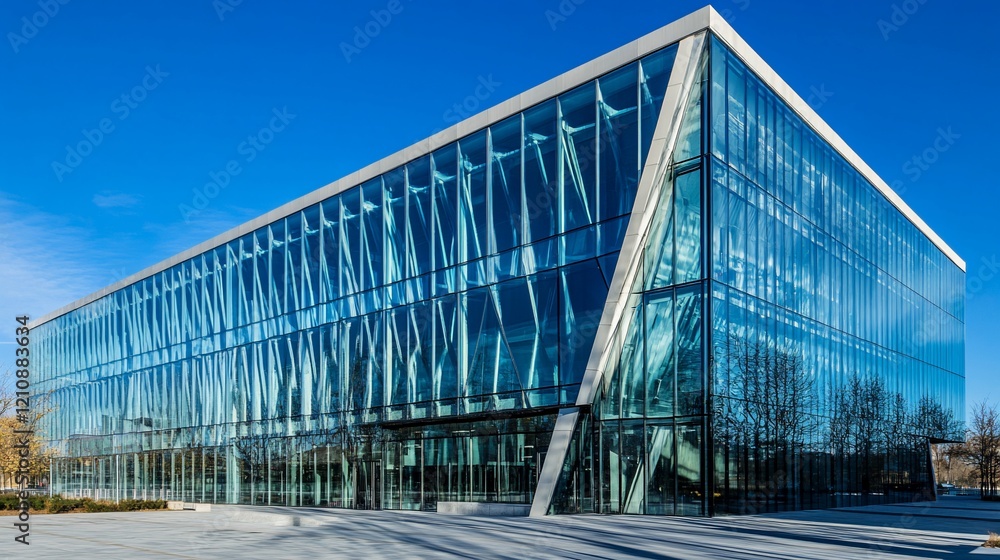 Obraz premium Modern glass building, city campus, sunny day, trees, corporate architecture