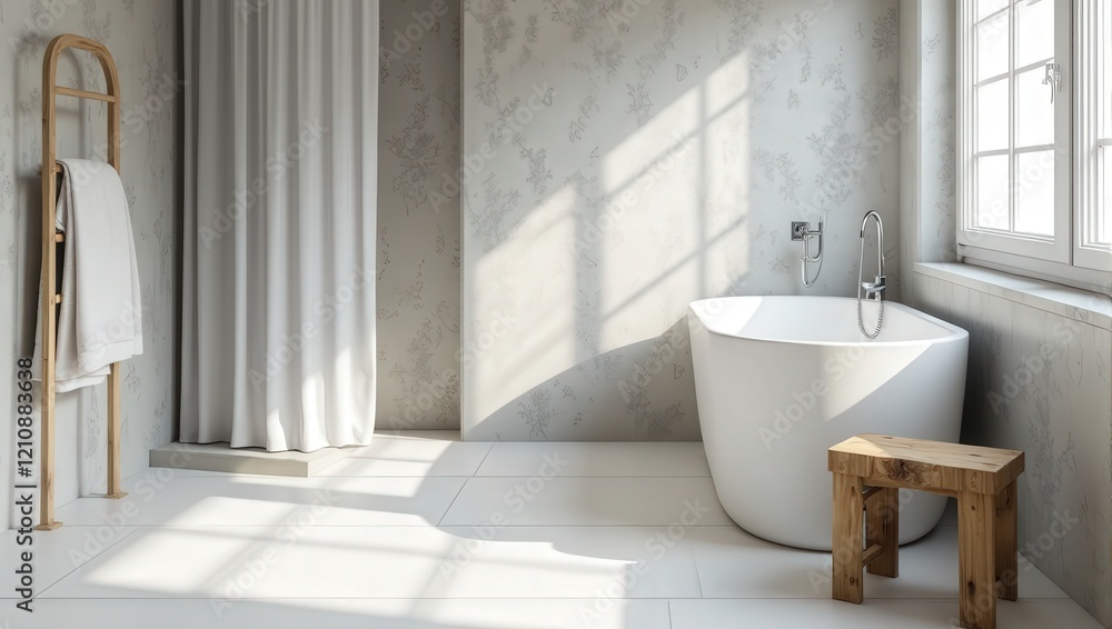 A cozy corner bath with a white tub against textured walls, accented by a rustic wooden stool; inviting warmth and tranquility. Soft lighting enhances the intimate ambiance A cozy corner bath with a white tub against textured walls, accented by a rustic wooden stool; inviting warmth and tranquility. Soft lighting enhances the intimate ambiance