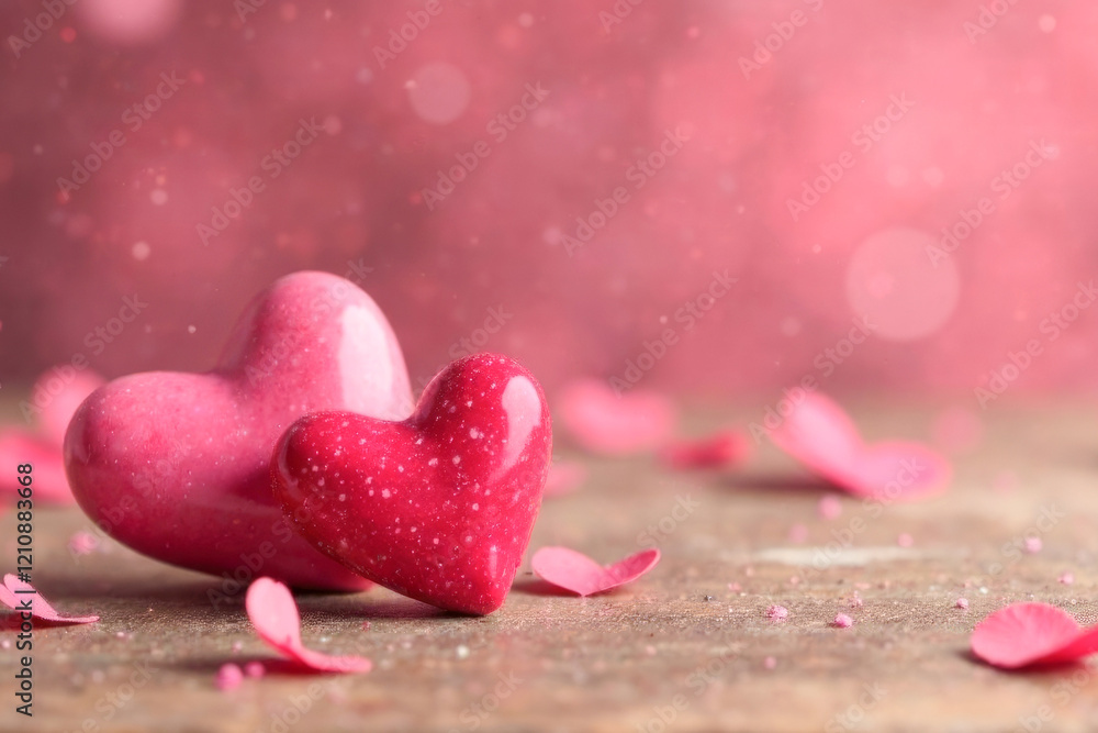 Fototapeta premium red and pink hearts lie on a simple wooden background. pink blurred background with place for text.