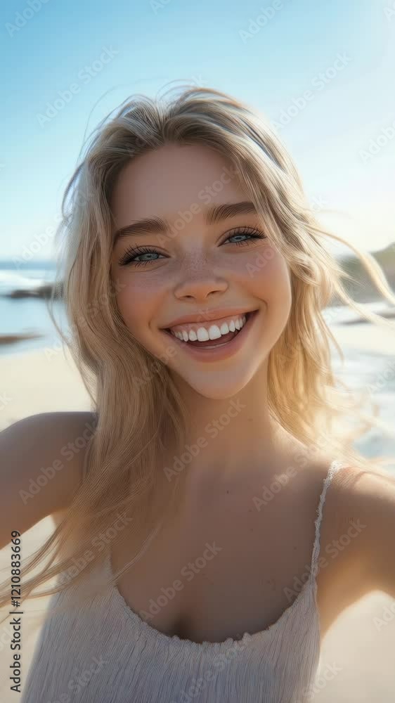 Smiling woman enjoying a sunny day on the beach taking selfies, with clear blue skies and the ocean in the background. Perfect for concepts of happiness, summer vacations, and carefree moments. Smiling woman enjoying a sunny day on the beach taking selfies, with clear blue skies and the ocean in the background. Perfect for concepts of happiness, summer vacations, and carefree moments.